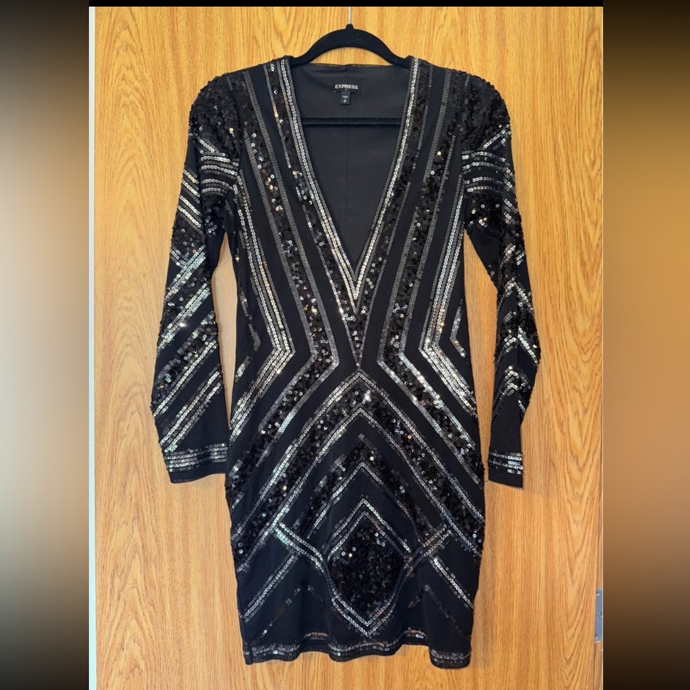Express Black and Silver Geometric Sequin Dress